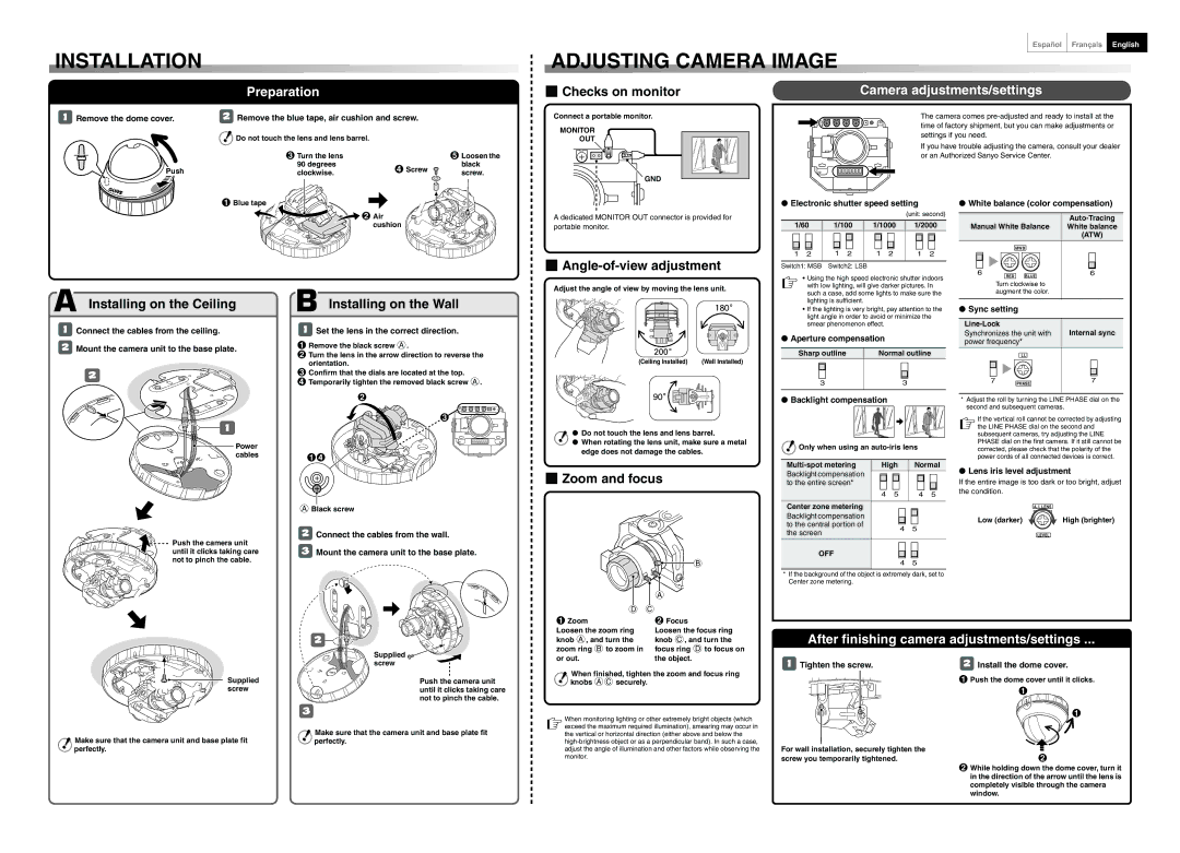 Sanyo VCC-9684VA Remove the dome cover, Remove the blue tape, air cushion and screw, Electronic shutter speed setting 