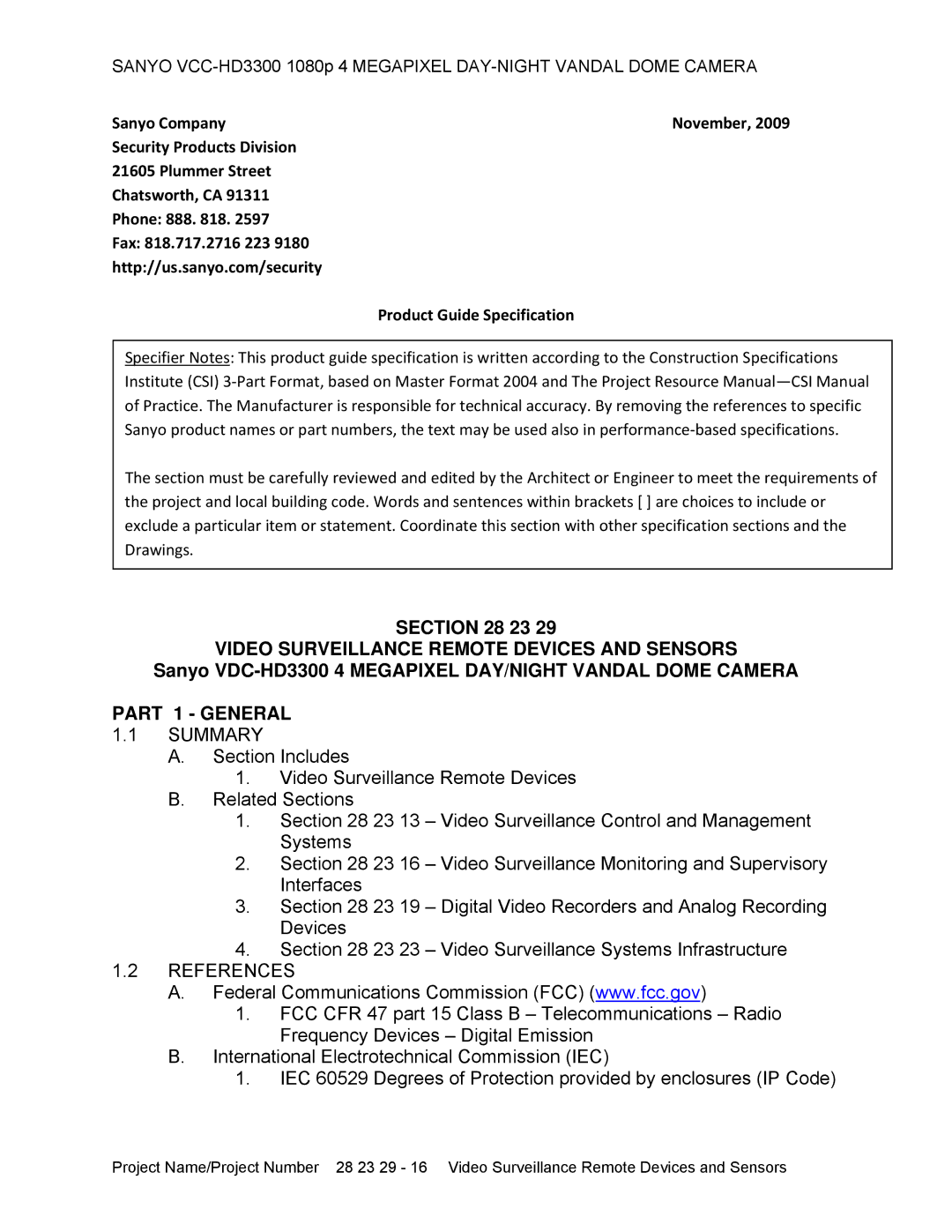 Sanyo VCC-HD3300 specifications Video Surveillance Remote Devices and Sensors, Part 1 General, Summary, References 