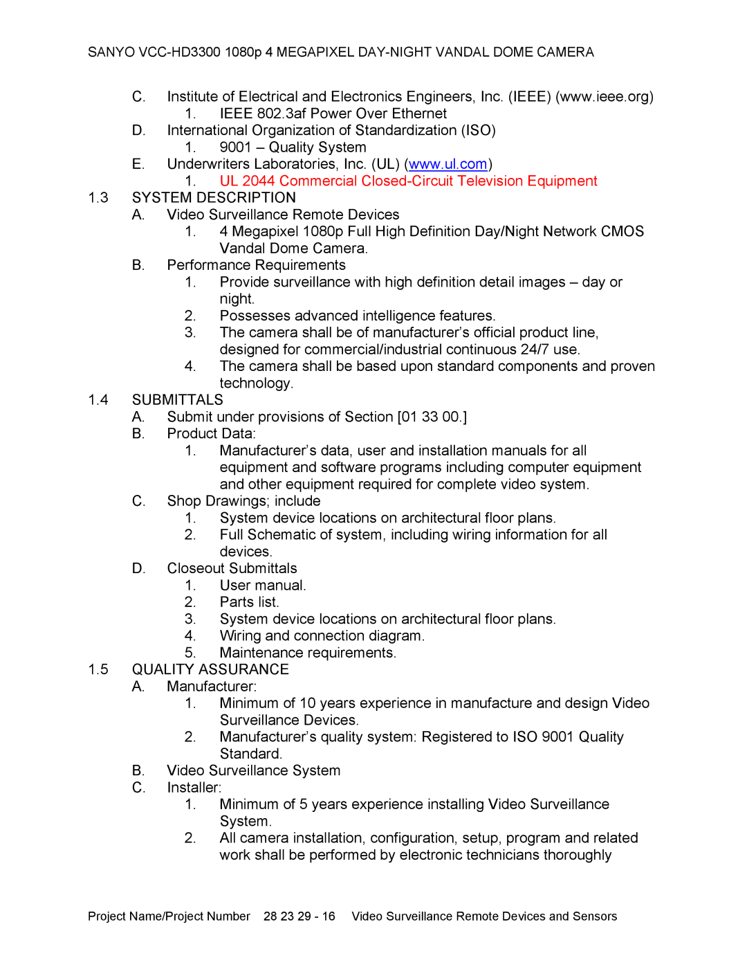 Sanyo VCC-HD3300 specifications System Description, Submittals, Quality Assurance 