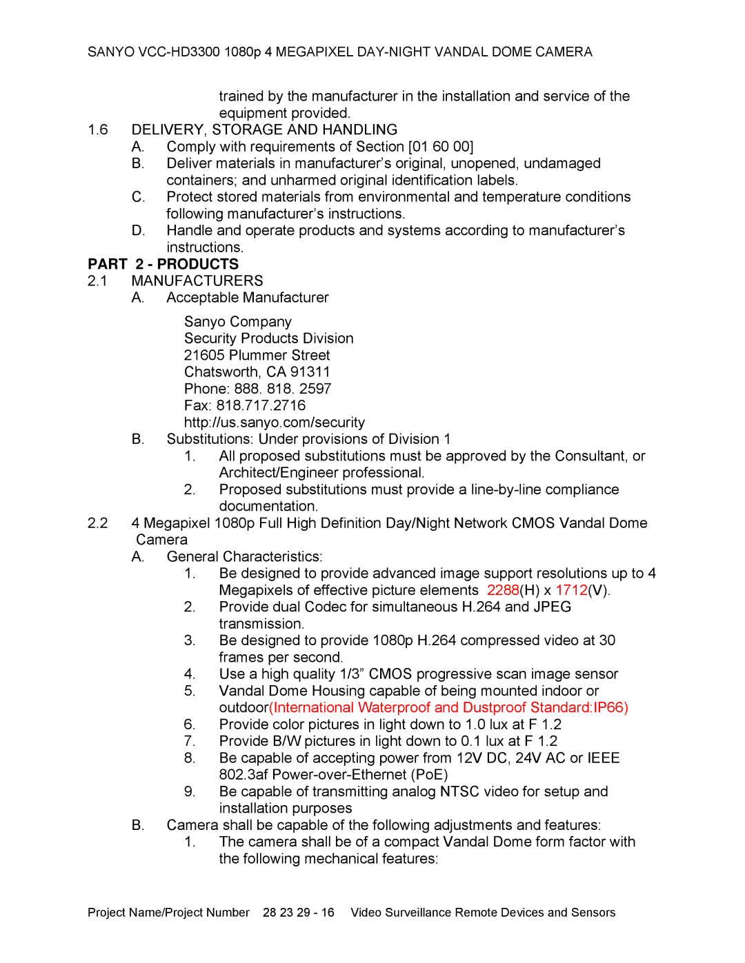 Sanyo VCC-HD3300 specifications DELIVERY, Storage and Handling, Part 2 Products, Manufacturers 