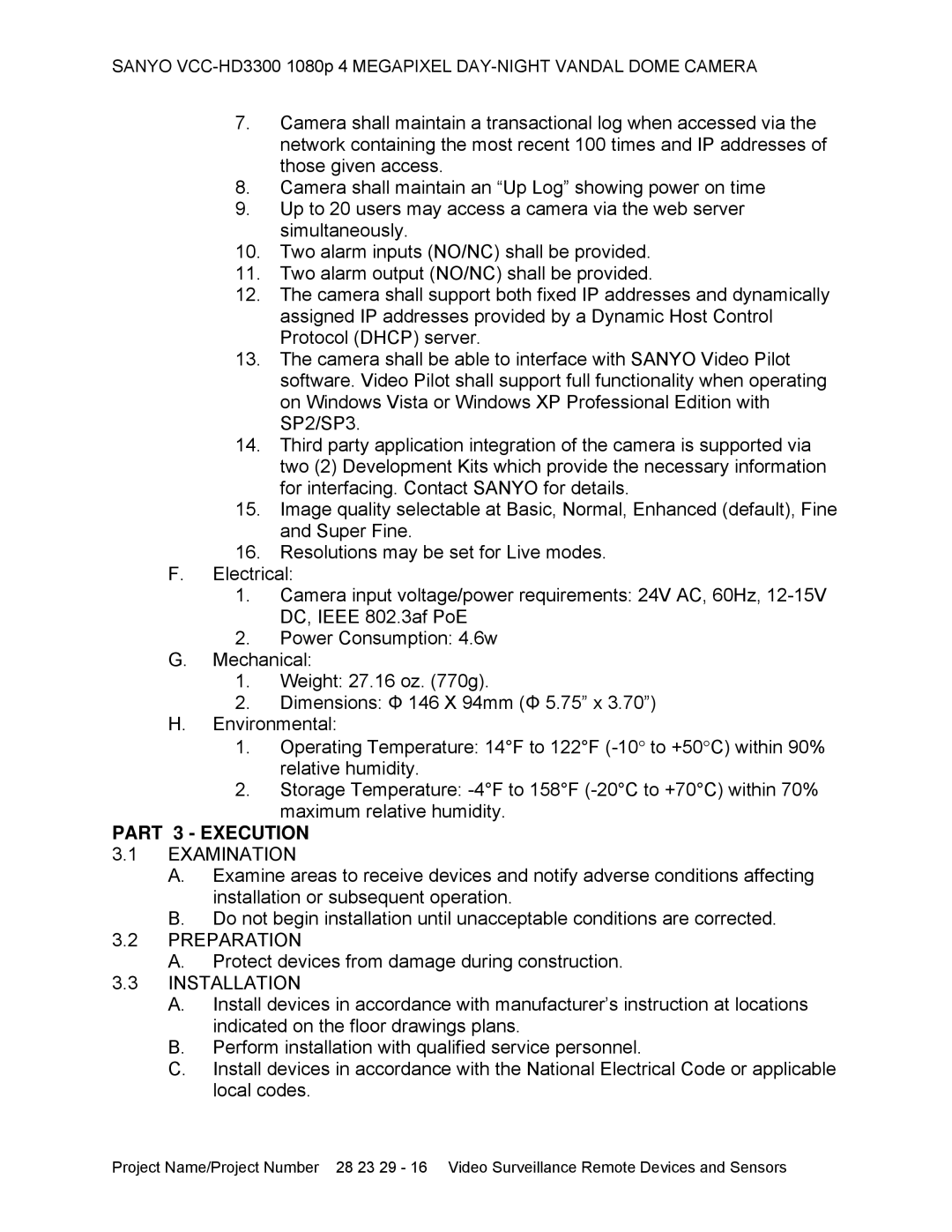 Sanyo VCC-HD3300 specifications Part 3 Execution, Examination, Preparation, Installation 