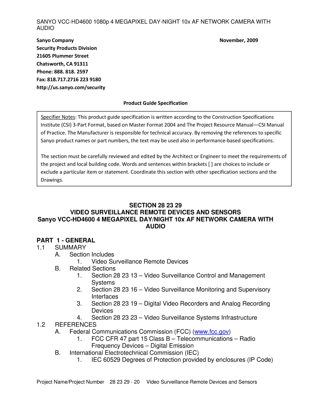 Sanyo VCC-HD4600 specifications Video Surveillance Remote Devices and Sensors, Audio Part 1 General, Summary, References 