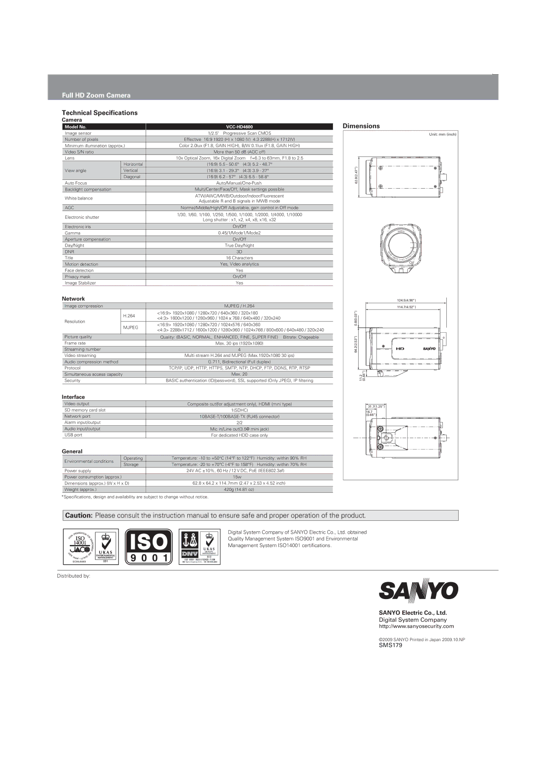 Sanyo VCC-HD4600 manual Technical Specifications, Dimensions 