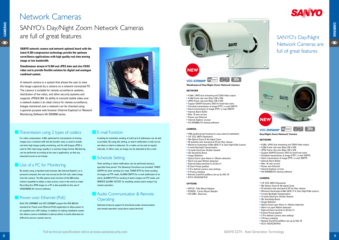 Sanyo VC-0450, VAC-70 Network Cameras, 30x, VCC-XZN600P, VCC-ZMN600P DAY Night, Weatherproof Day/Night Zoom Network Camera 