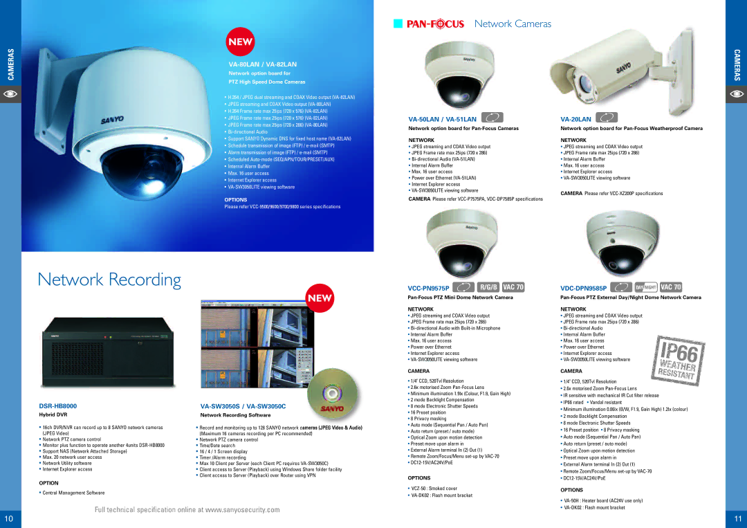 Sanyo VCC-9600, VCC-HDN4000P Network Recording, Network Cameras, VCC-PN9575P R/G/B VAC, VA-50LAN / VA-51LAN VA-20LAN 