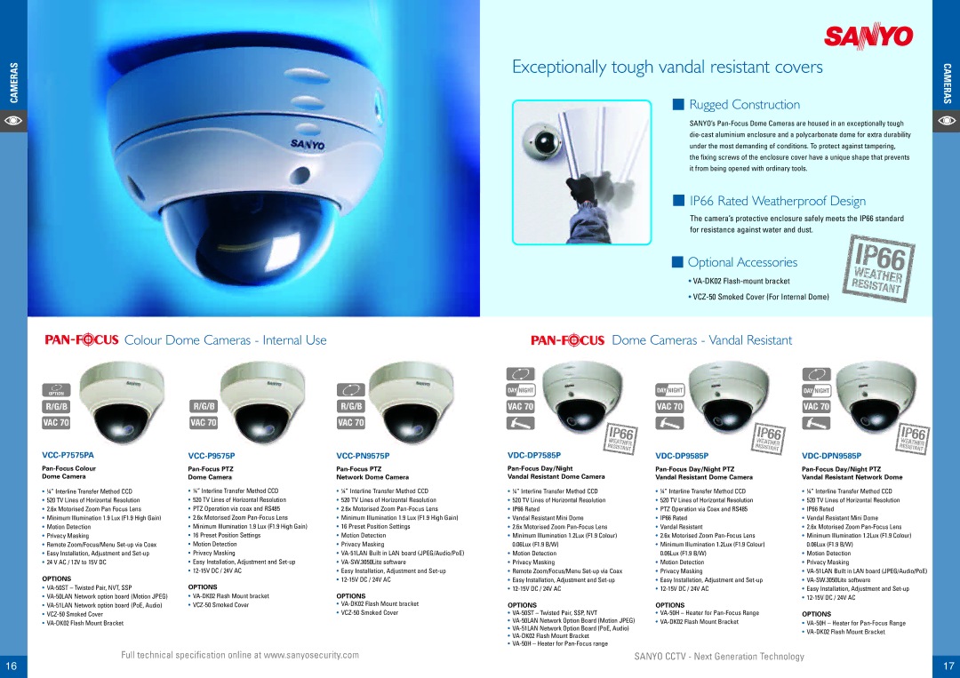 Sanyo VDC-W1595VP Colour Dome Cameras Internal Use, IP66 Rated Weatherproof Design, Dome Cameras Vandal Resistant, Vac 