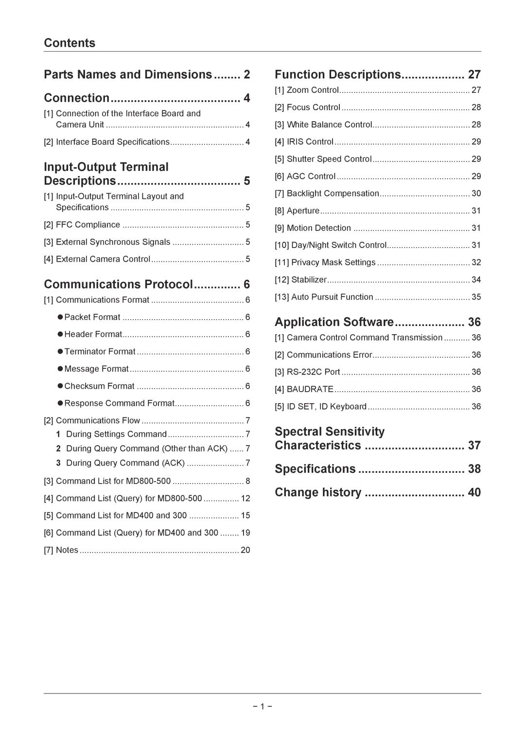 Sanyo VCC-MD400P, VCC-MD300P, VCC-MD800P, VCC-MD600P, VCC-MD700P, VCC-MD500P technical manual Contents 