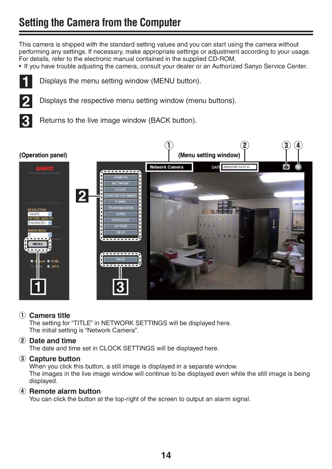 Sanyo VCC-N6584, VCC-N4598PC Setting the Camera from the Computer, ① Camera title, ② Date and time, ③ Capture button 