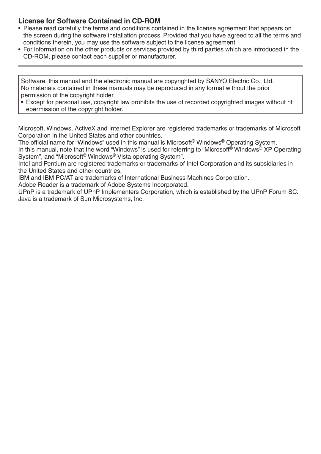 Sanyo VCC-N4598PC, VCC-N6584 instruction manual License for Software Contained in CD-ROM 