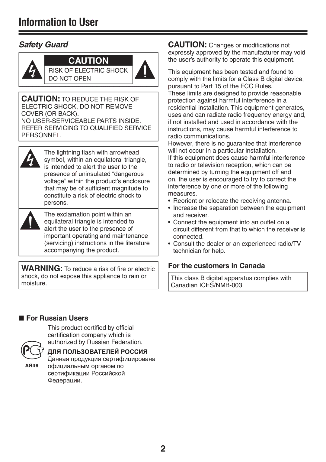 Sanyo VCC-N6584, VCC-N4598PC instruction manual Information to User, For Russian Users, For the customers in Canada 