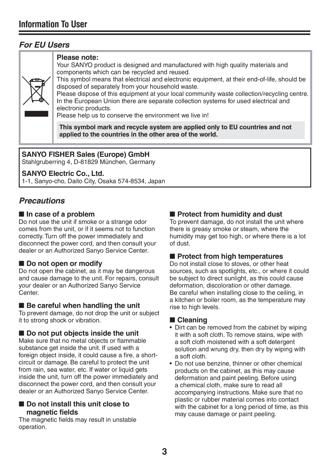 Sanyo VCC-N4598PC, VCC-N6584 instruction manual Information To User 