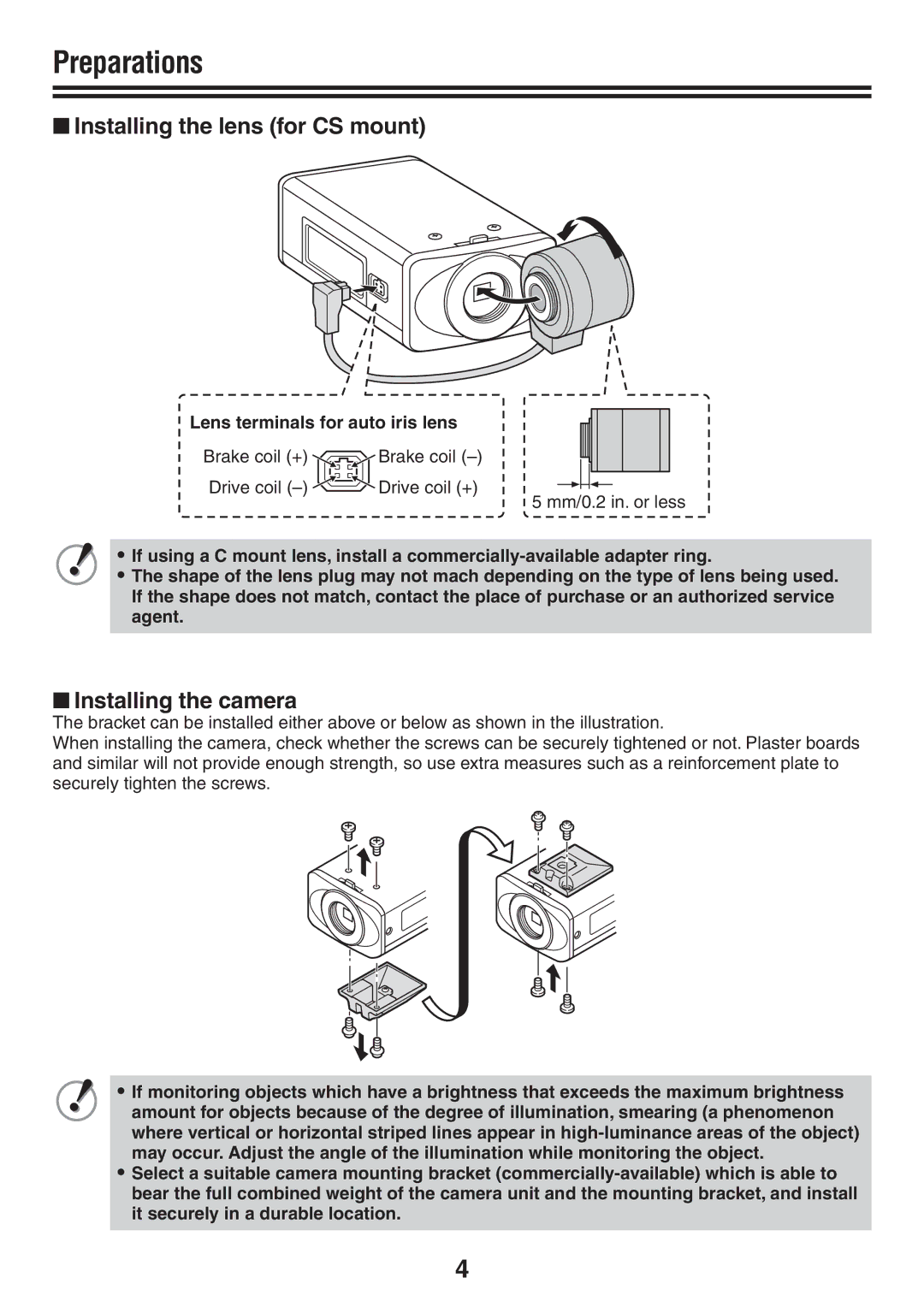 Sanyo VCC-N6584 Preparations, Installing the lens for CS mount, Installing the camera, Lens terminals for auto iris lens 