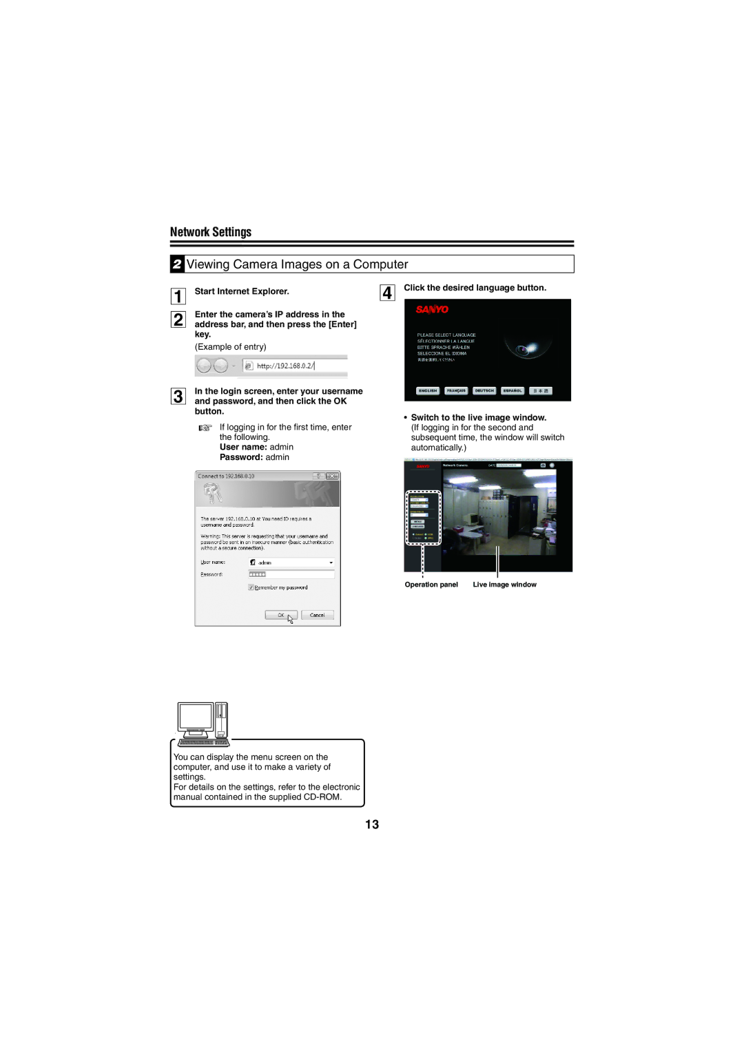 Sanyo VCC-N4598PC, VCC-N6695P instruction manual Network Settings, Viewing Camera Images on a Computer 