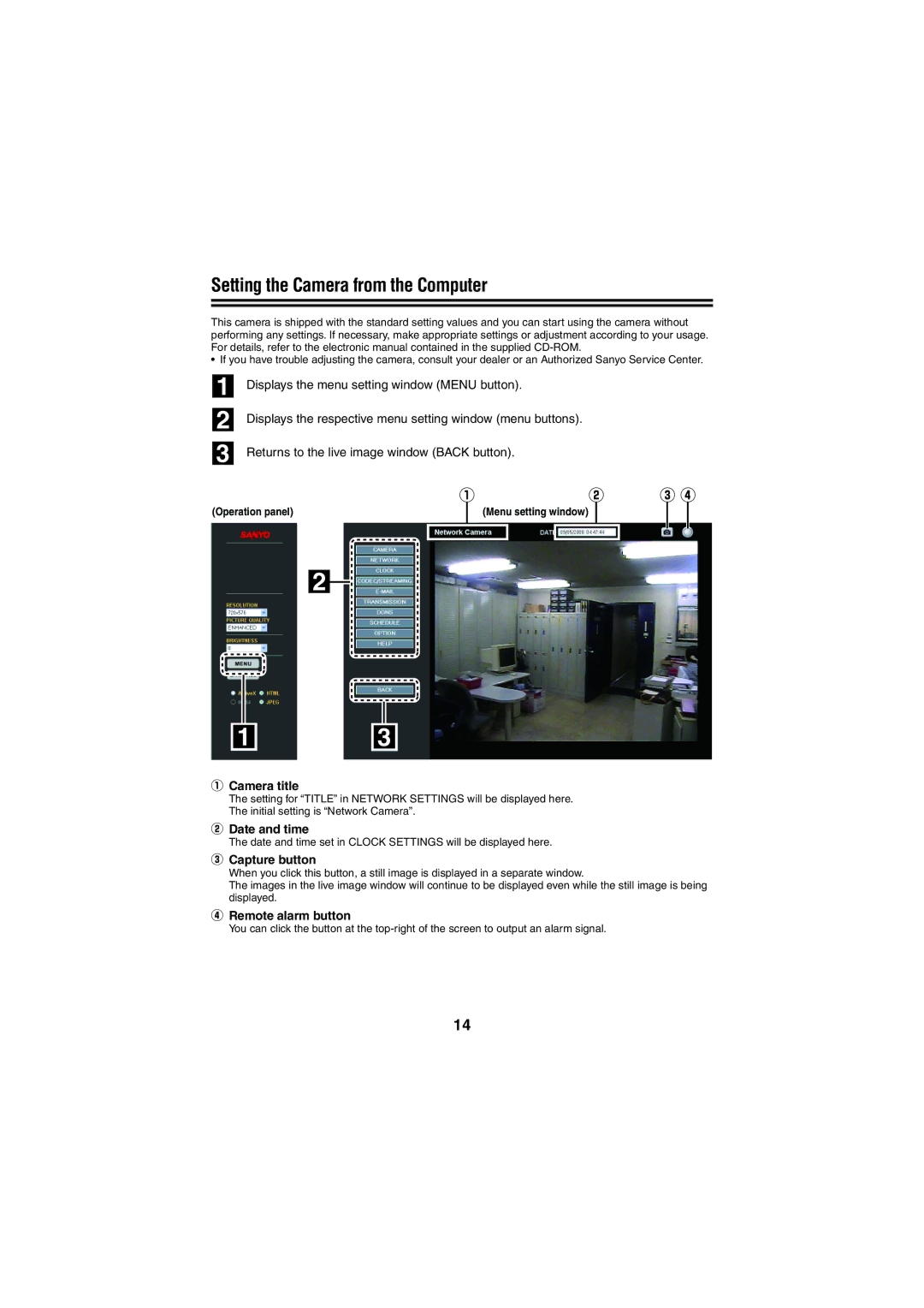 Sanyo VCC-N6695P, VCC-N4598PC Setting the Camera from the Computer, ① Camera title, ② Date and time, ③ Capture button 