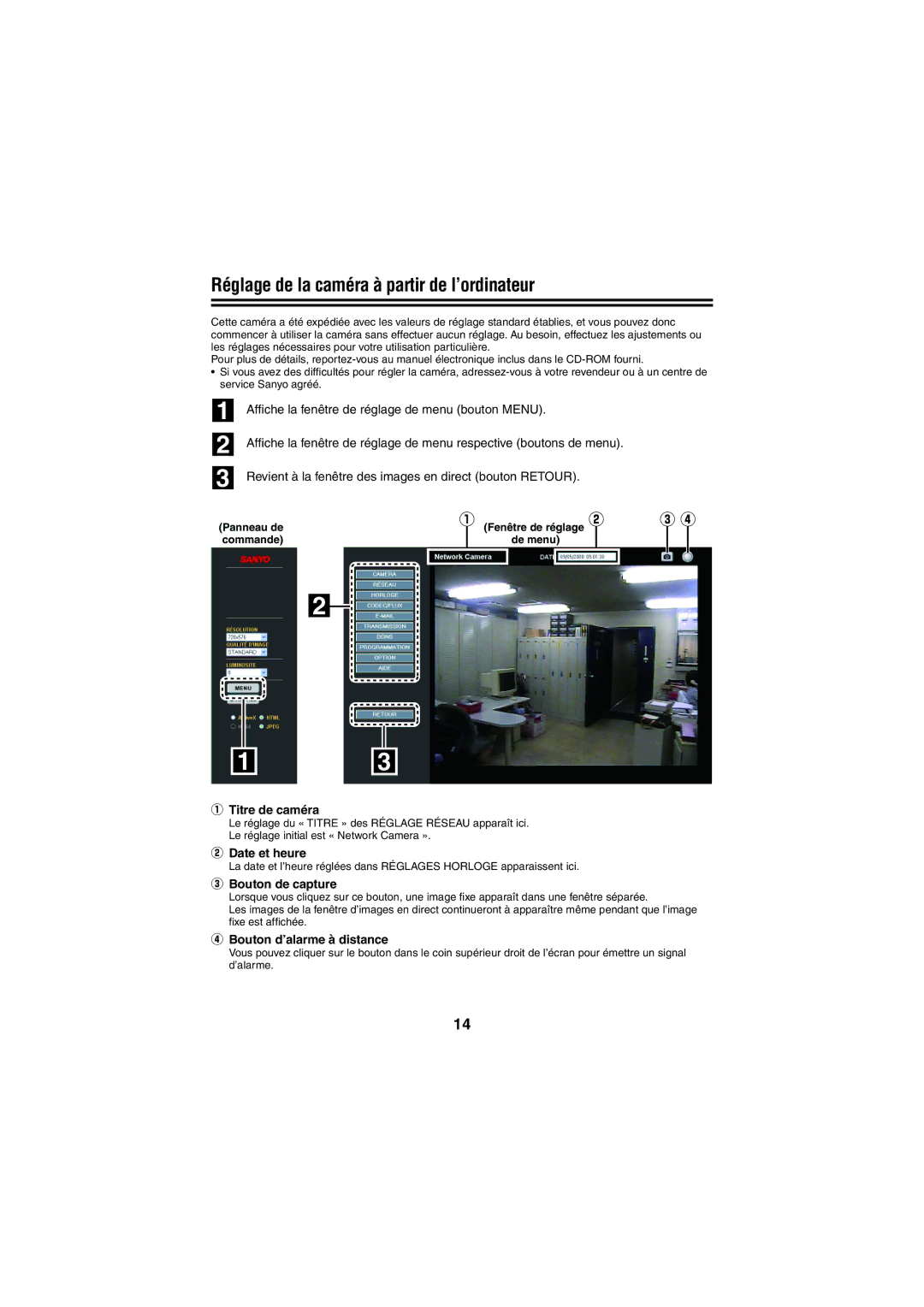Sanyo VCC-N6695P Réglage de la caméra à partir de l’ordinateur, ① Titre de caméra, ② Date et heure, ③ Bouton de capture 