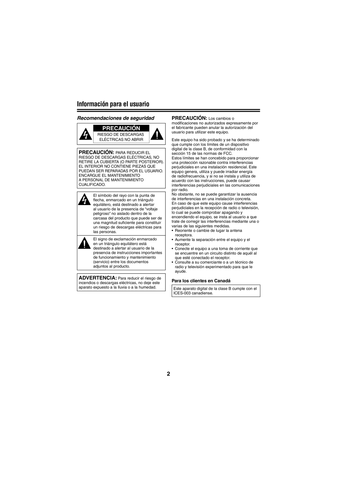 Sanyo VCC-N6695P, VCC-N4598PC instruction manual Información para el usuario, Para los clientes en Canadá 