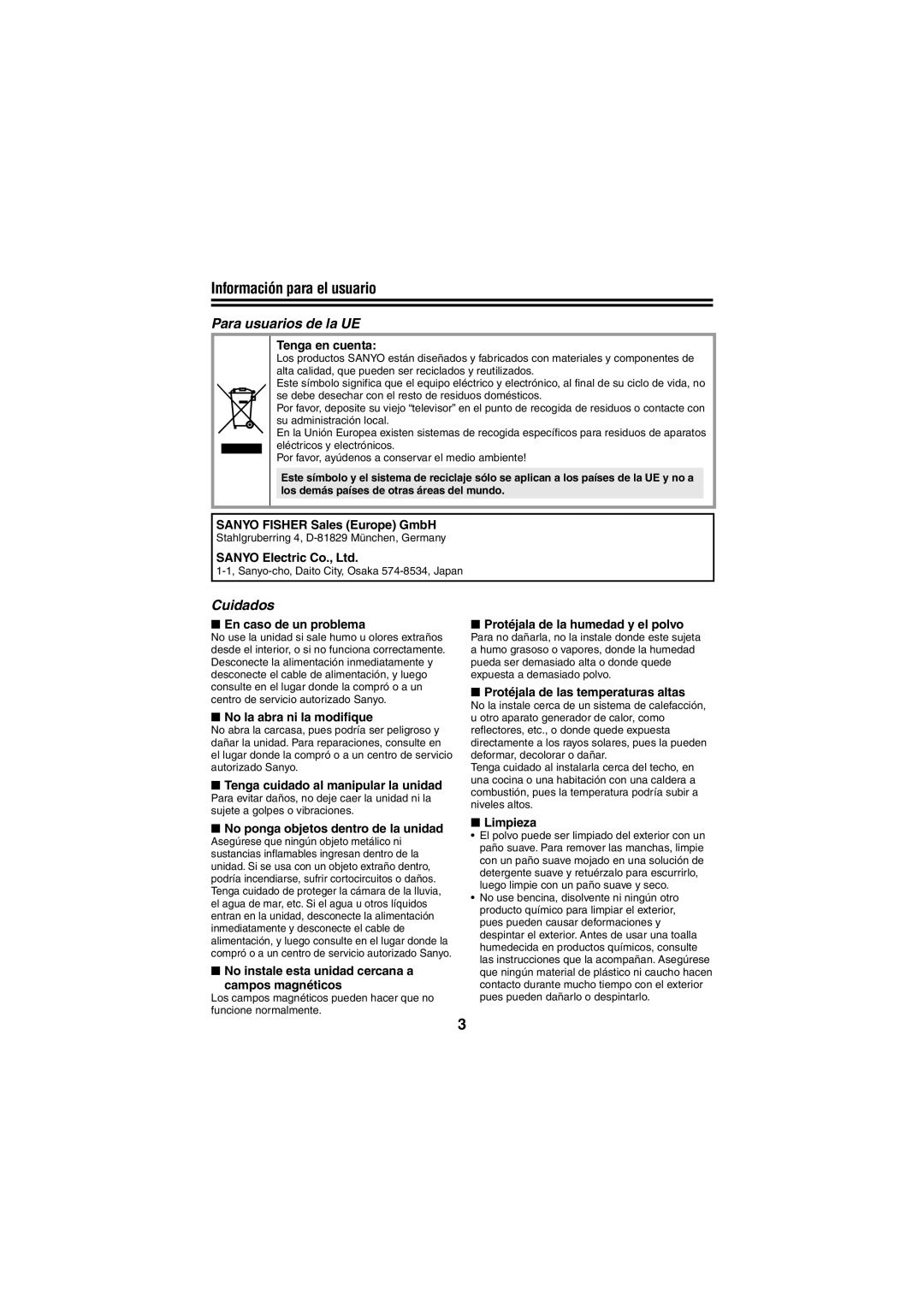 Sanyo VCC-N4598PC, VCC-N6695P instruction manual Información para el usuario 