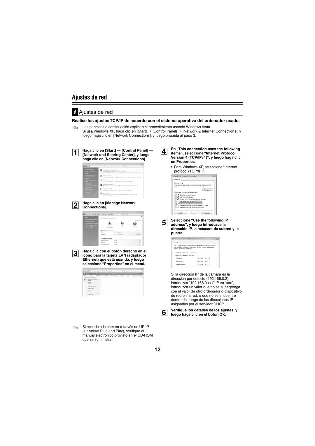 Sanyo VCC-N6695P, VCC-N4598PC instruction manual Ajustes de red, Haga clic en Start → Control Panel → 