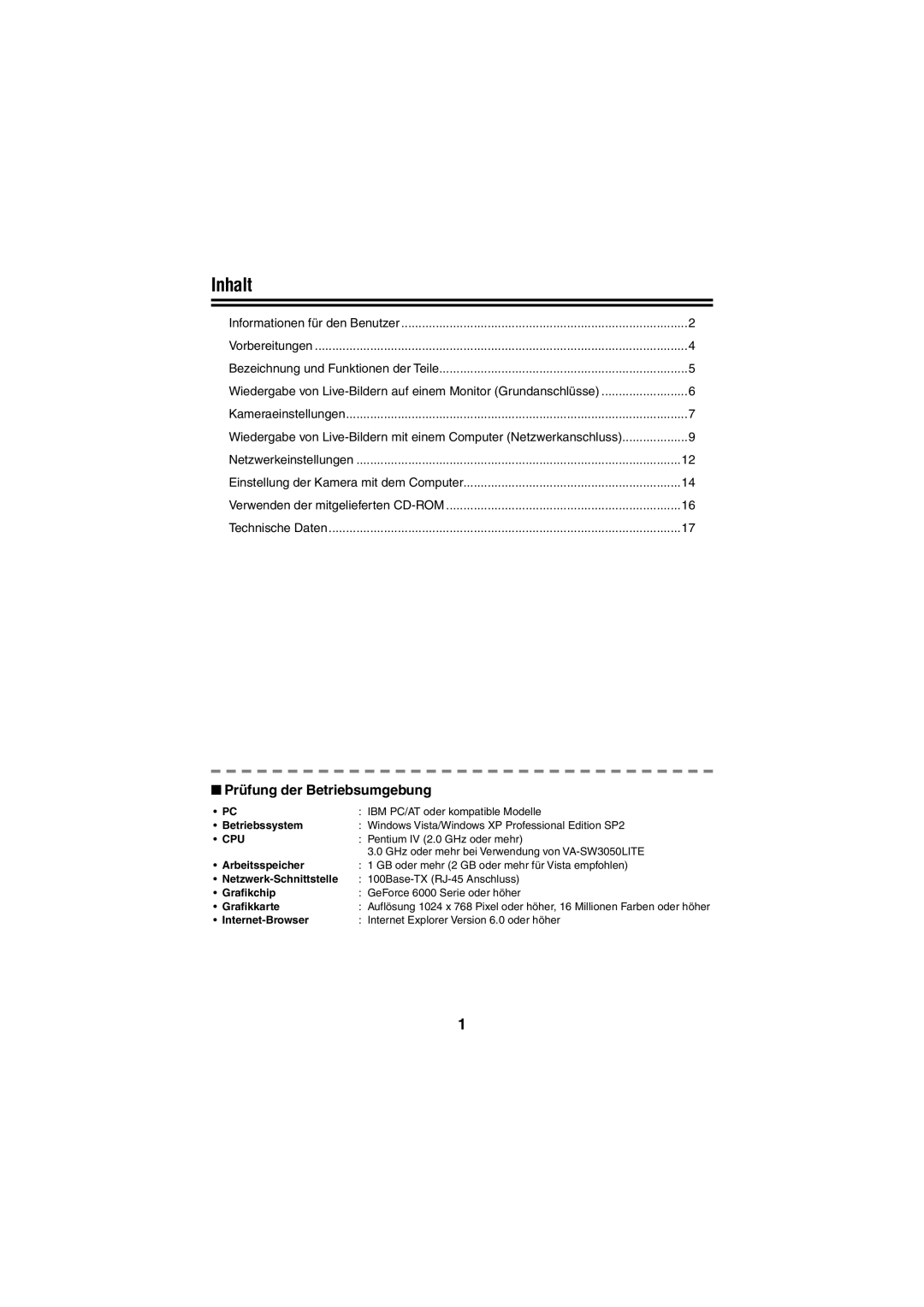 Sanyo VCC-N4598PC, VCC-N6695P instruction manual Inhalt, Prüfung der Betriebsumgebung 