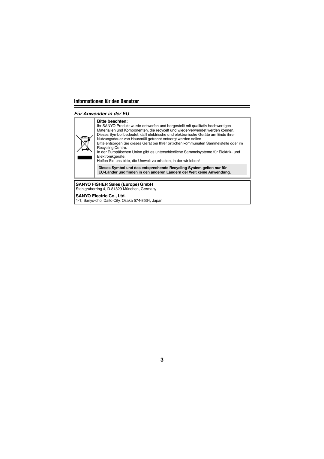 Sanyo VCC-N4598PC, VCC-N6695P instruction manual Informationen für den Benutzer, Bitte beachten 