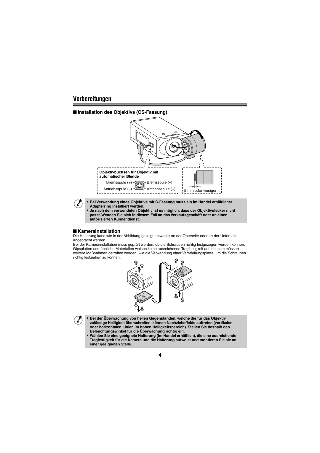 Sanyo VCC-N6695P, VCC-N4598PC instruction manual Vorbereitungen, Installation des Objektivs CS-Fassung, Kamerainstallation 