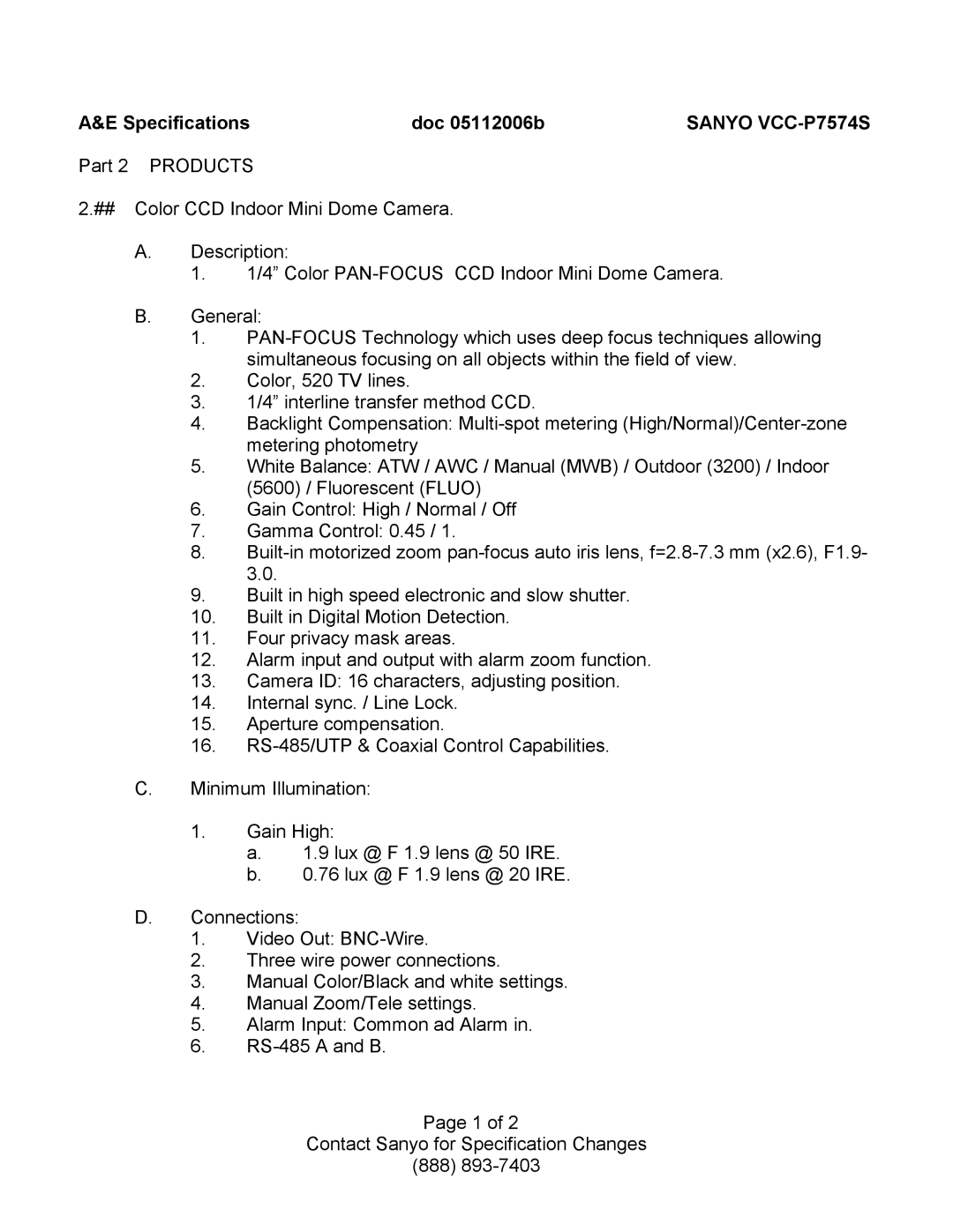 Sanyo specifications Sanyo VCC-P7574S, Products 