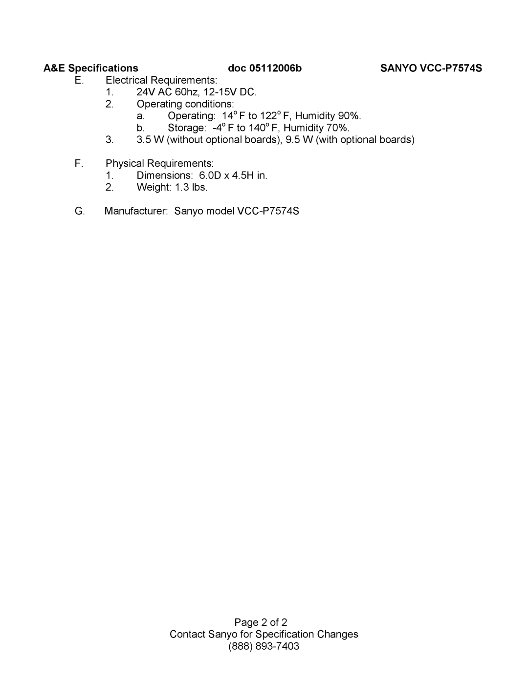 Sanyo specifications Sanyo VCC-P7574S 