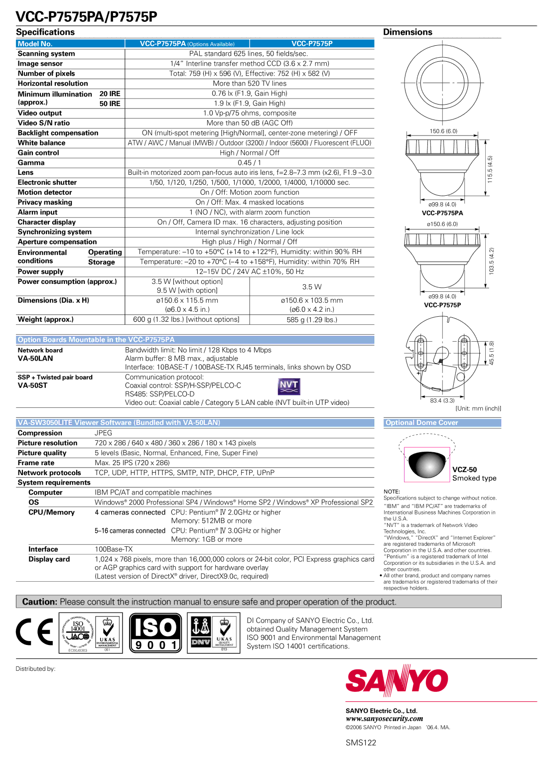 Sanyo VCC-P7575P manual Specifications, Dimensions 