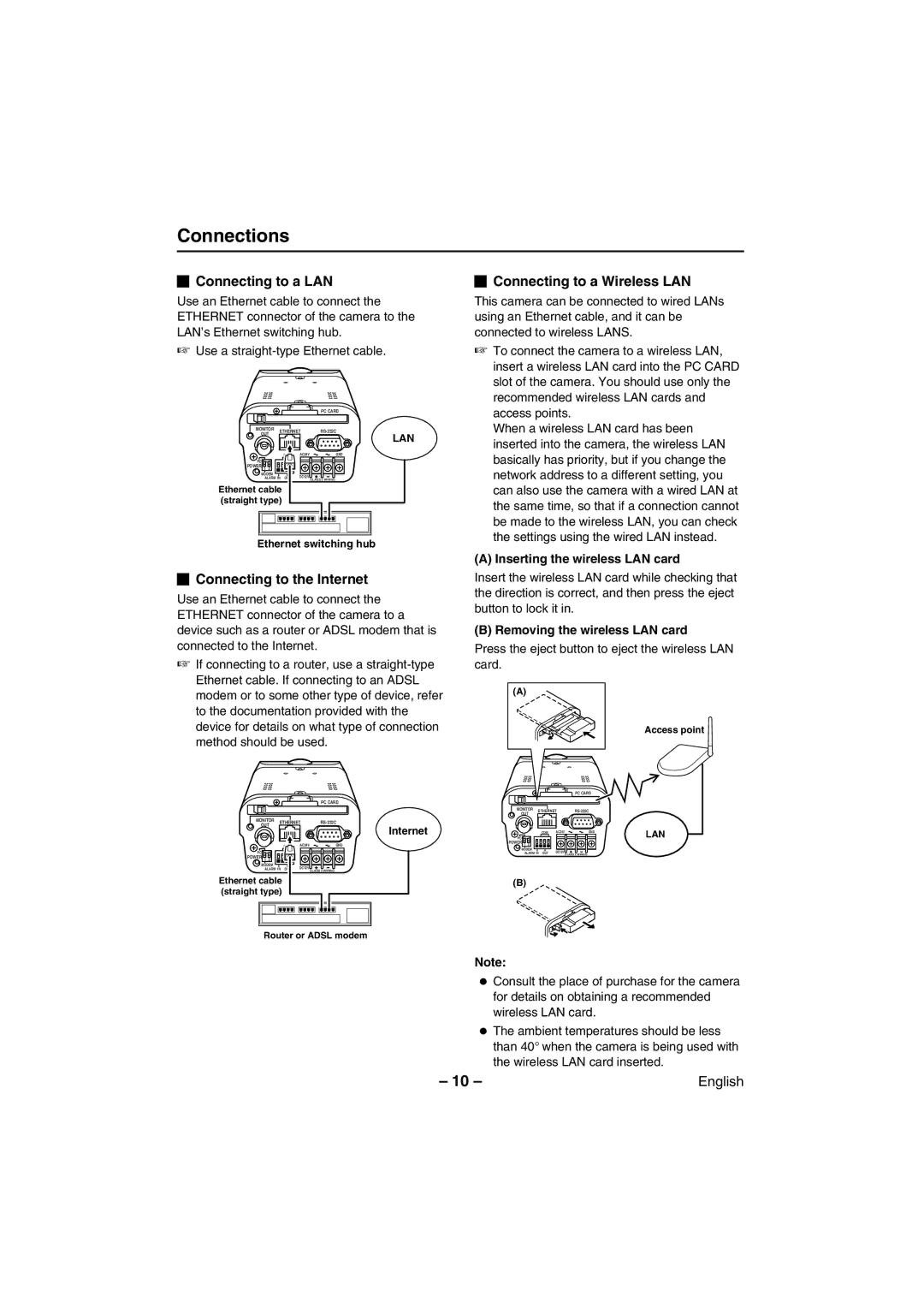 Sanyo VCC-WB2000 instruction manual Connections, Inserting the wireless LAN card, Removing the wireless LAN card 