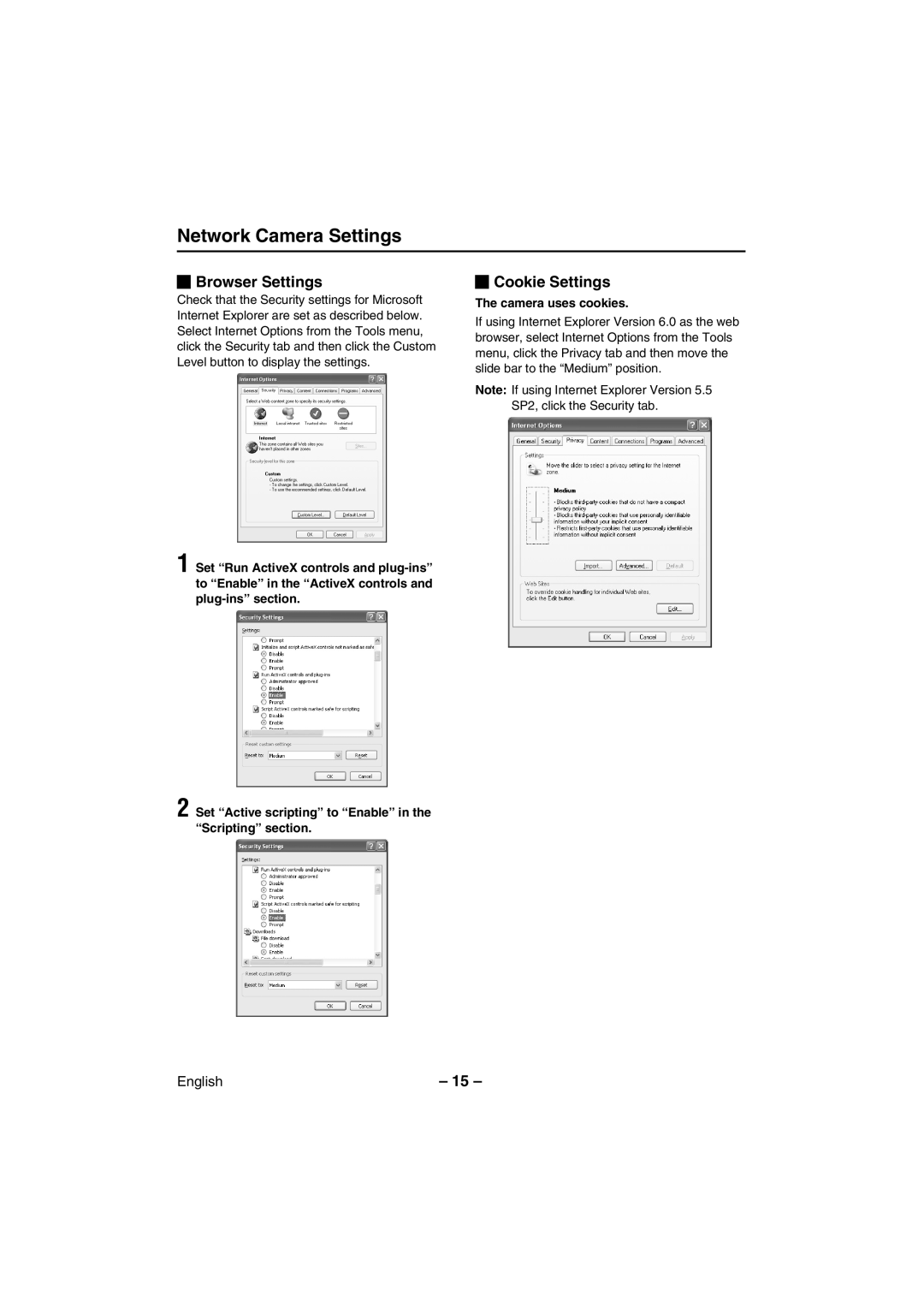 Sanyo VCC-WB2000 instruction manual Browser Settings, Cookie Settings, Camera uses cookies 