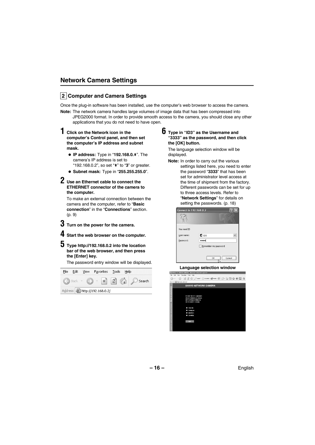 Sanyo VCC-WB2000 instruction manual Computer and Camera Settings 