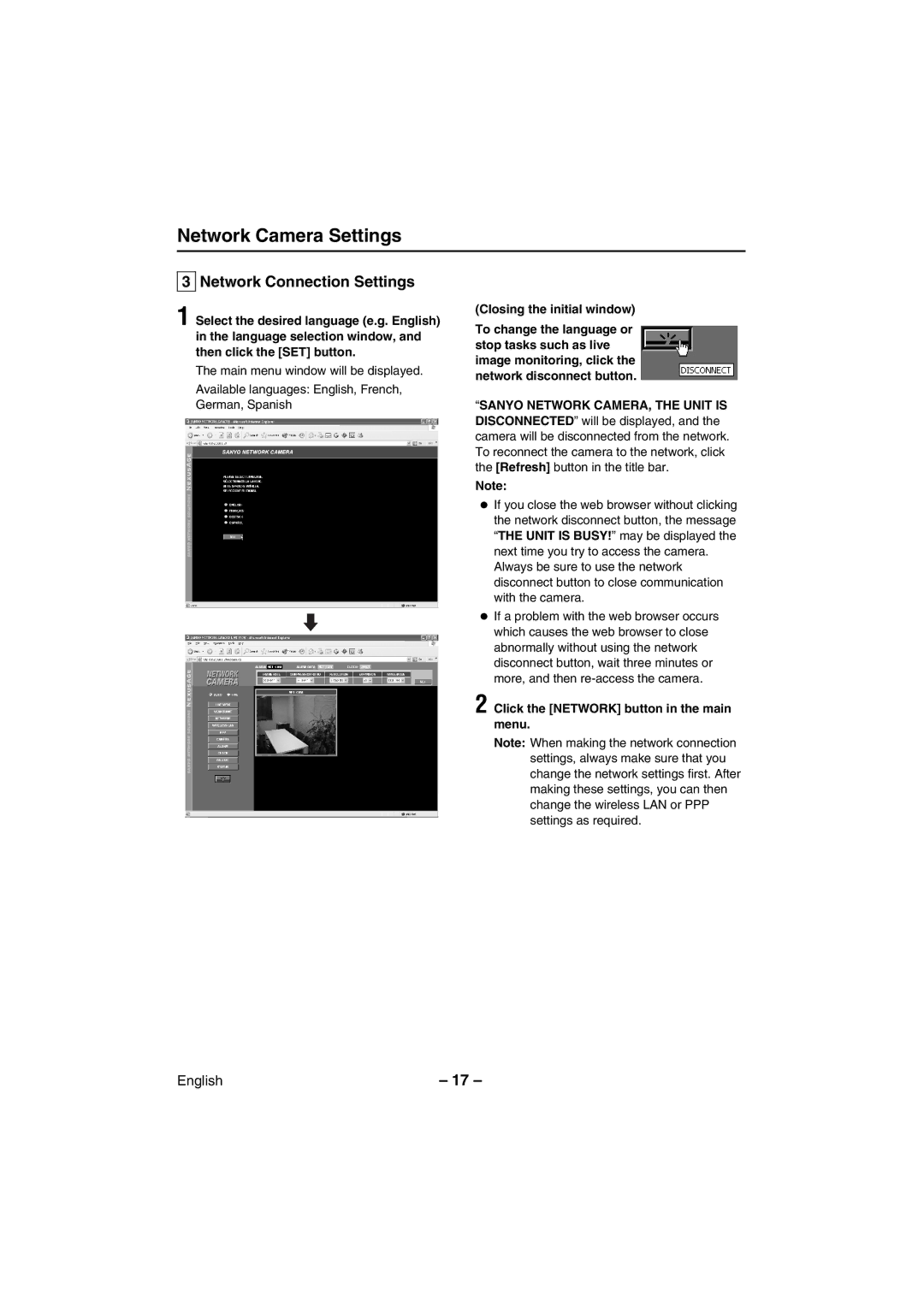 Sanyo VCC-WB2000 Network Connection Settings, Closing the initial window, Sanyo Network CAMERA, the Unit is 