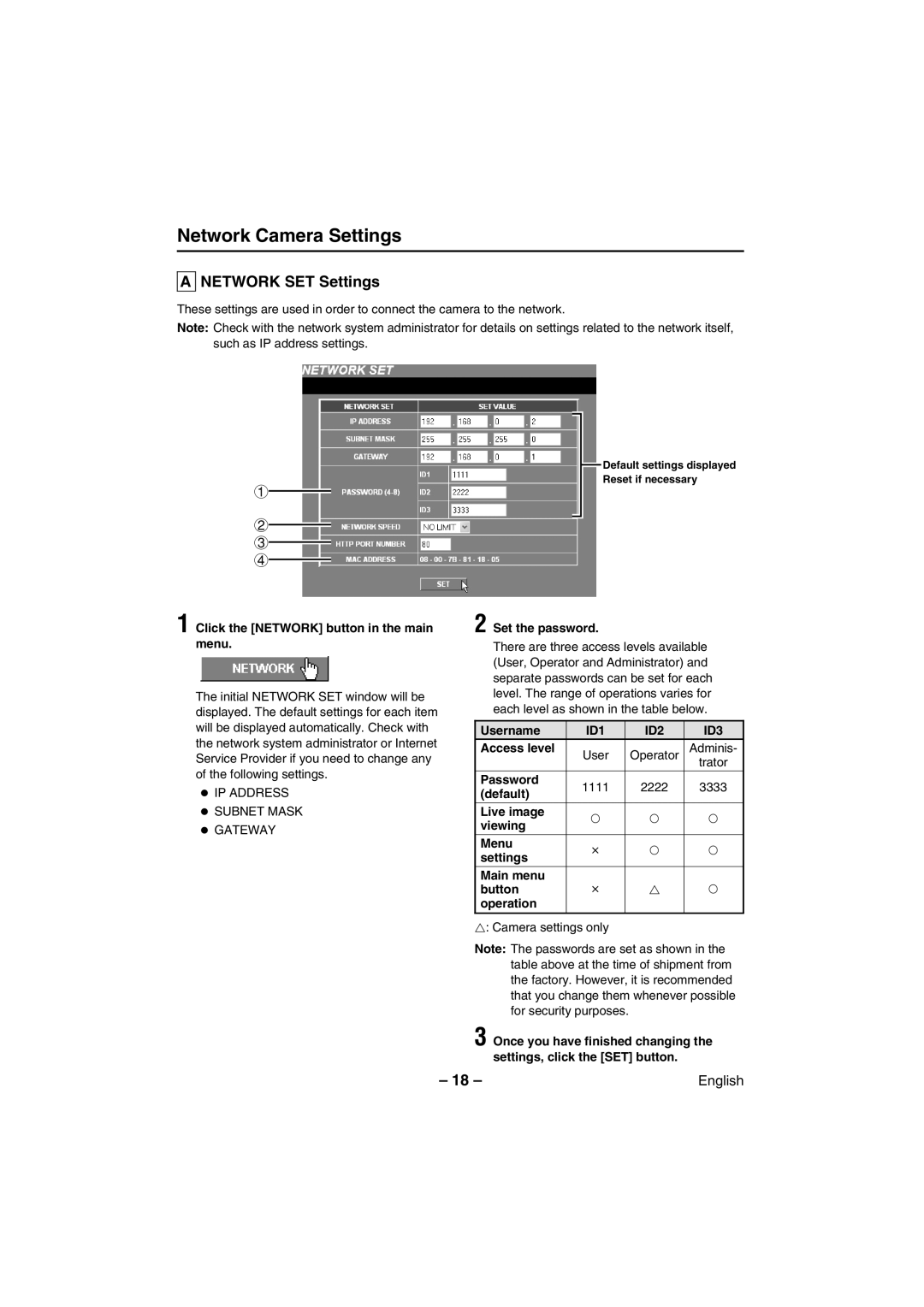 Sanyo VCC-WB2000 instruction manual Network SET Settings, Set the password, Username, ID1 ID2 ID3, Access level 