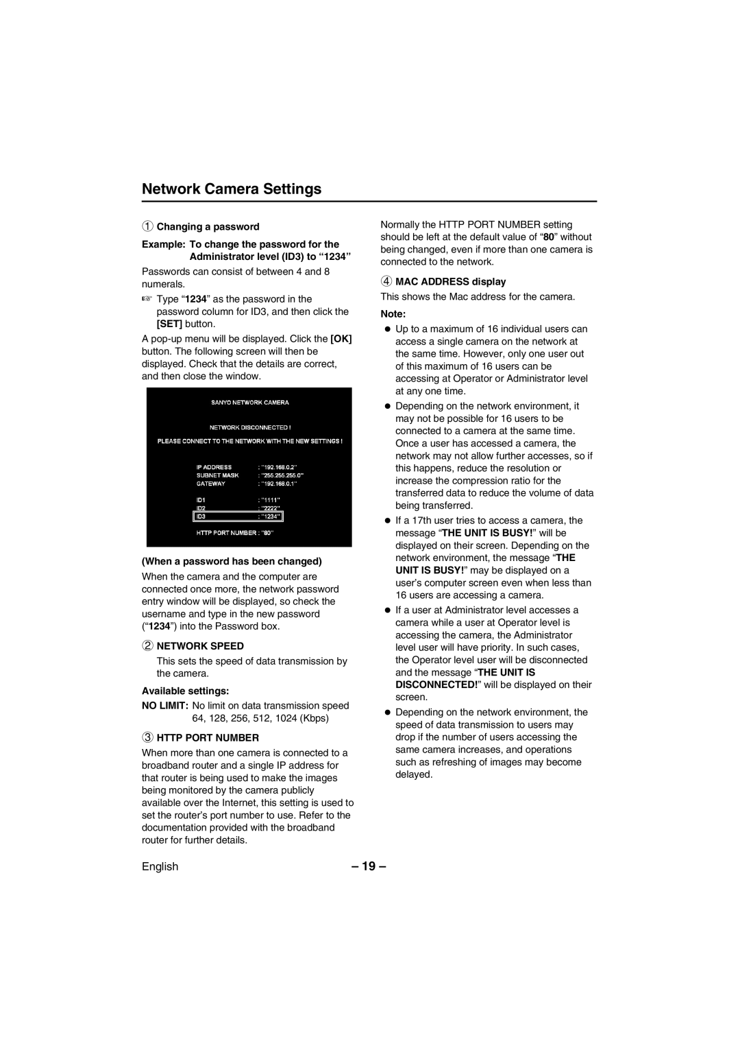 Sanyo VCC-WB2000 instruction manual Network Speed, Http Port Number 