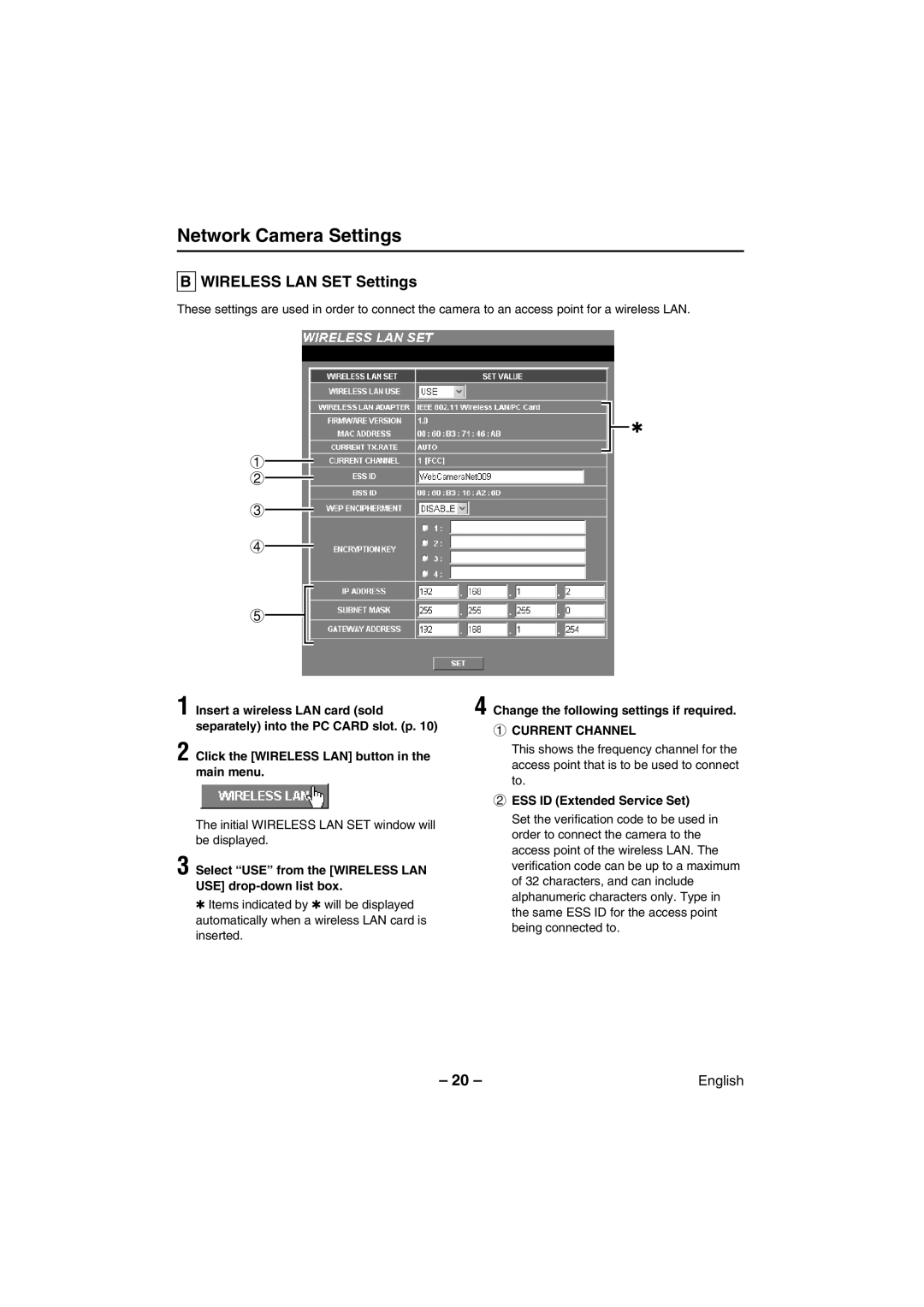 Sanyo VCC-WB2000 instruction manual Wireless LAN SET Settings, Current Channel 