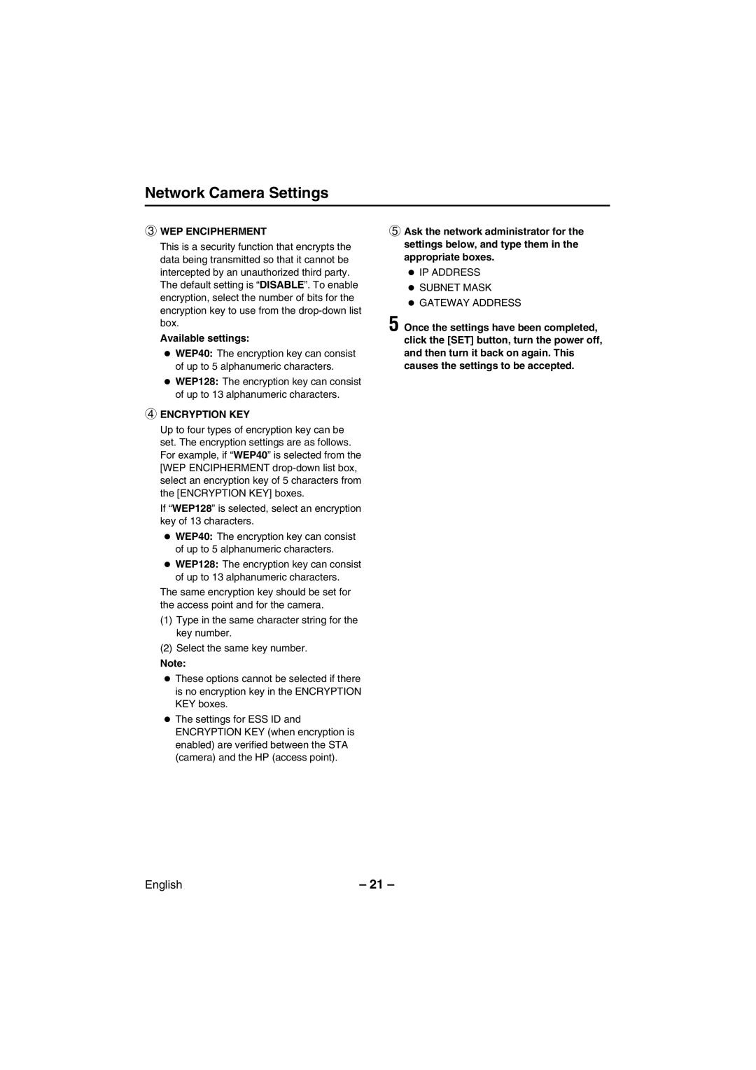 Sanyo VCC-WB2000 instruction manual WEP Encipherment, Encryption KEY 