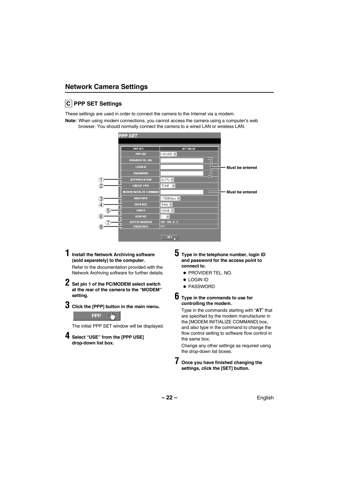 Sanyo VCC-WB2000 instruction manual PPP SET Settings, Type in the commands to use for controlling the modem 