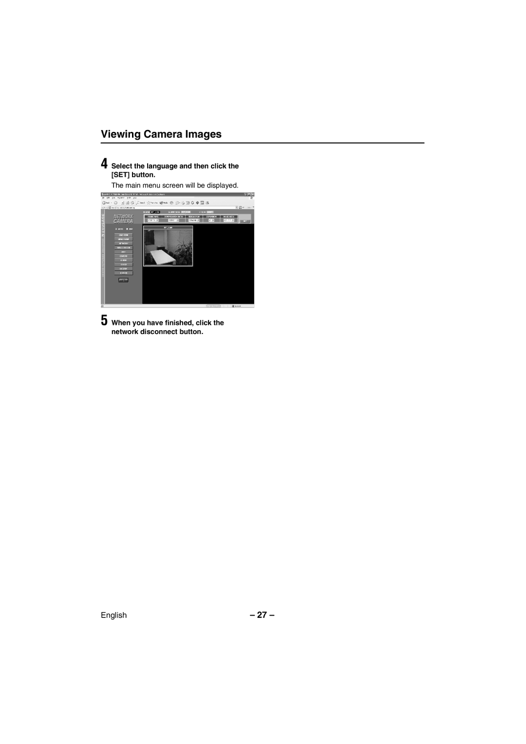 Sanyo VCC-WB2000 instruction manual Viewing Camera Images, Select the language and then click the SET button 