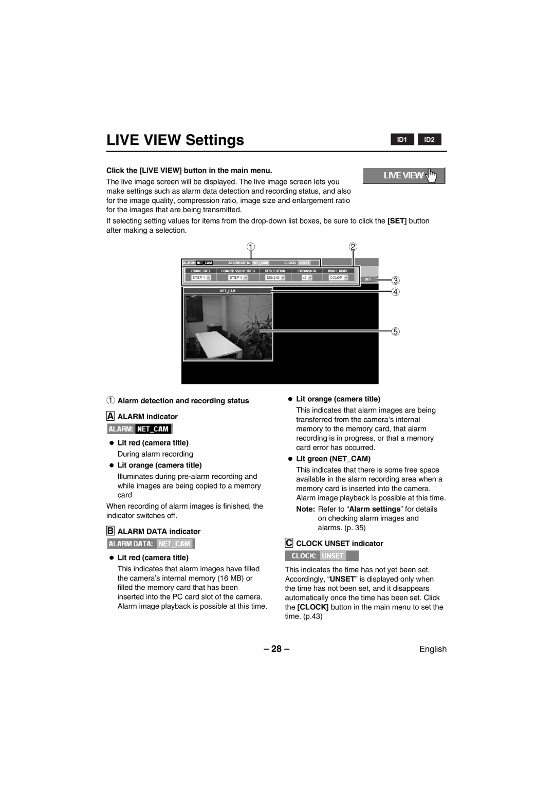 Sanyo VCC-WB2000 Live View Settings, Click the Live View button in the main menu, Lit green Netcam, Clock Unset indicator 