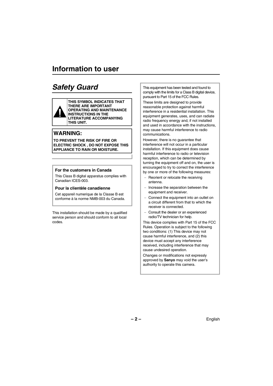 Sanyo VCC-WB2000 instruction manual Information to user, Safety Guard 