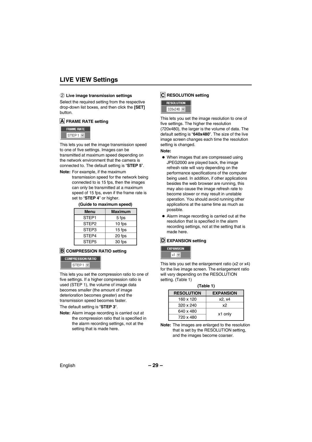 Sanyo VCC-WB2000 instruction manual Live View Settings, Resolution Expansion 