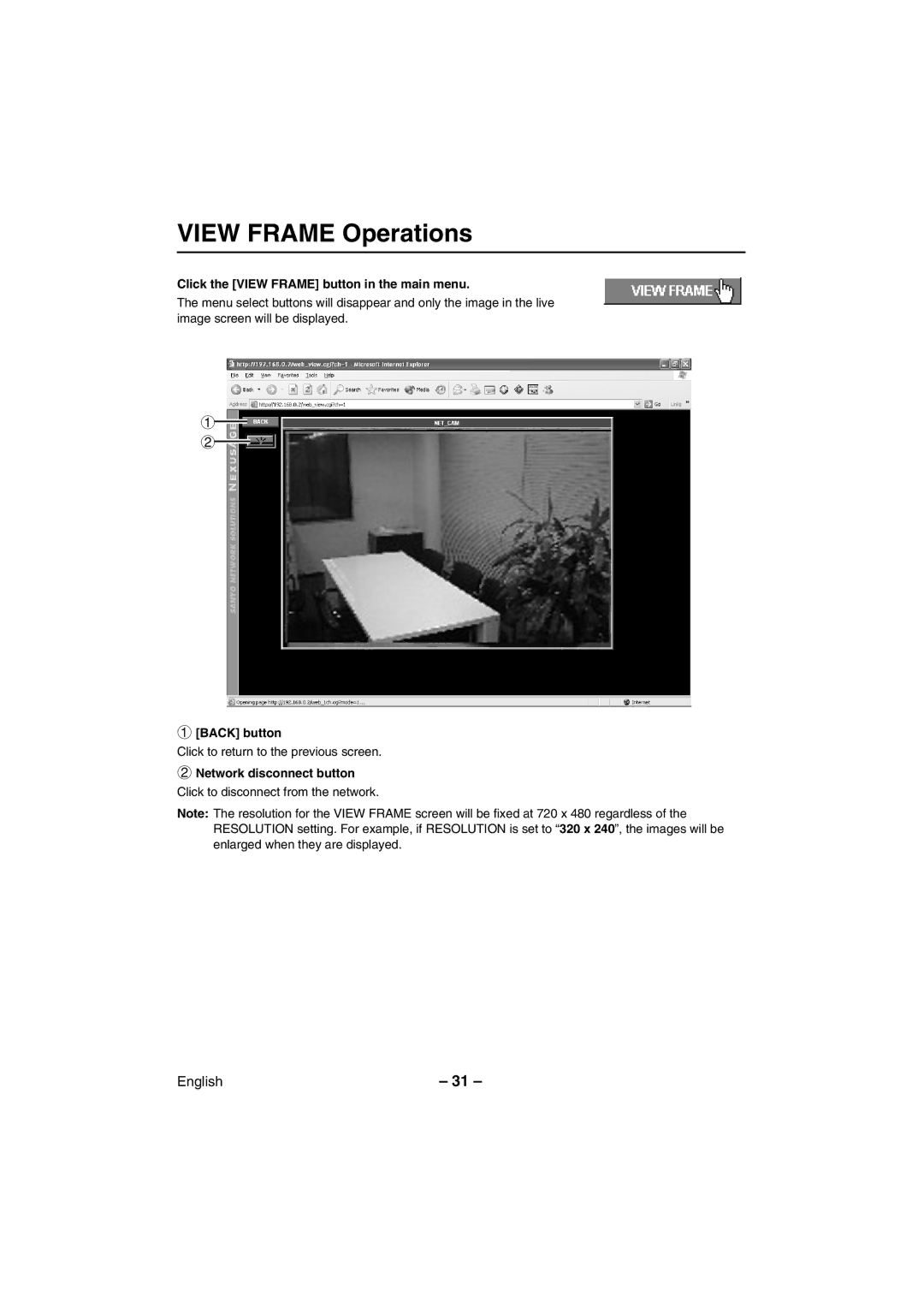 Sanyo VCC-WB2000 instruction manual View Frame Operations, Click the View Frame button in the main menu, Back button 