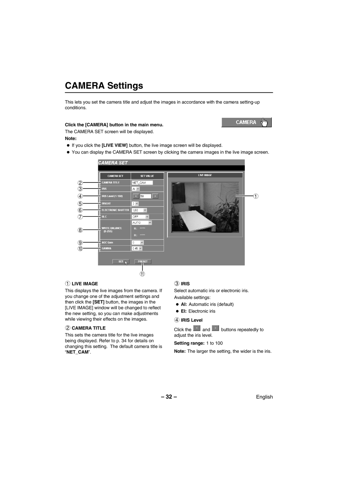 Sanyo VCC-WB2000 instruction manual Camera Settings, Live Image, Camera Title, Iris 