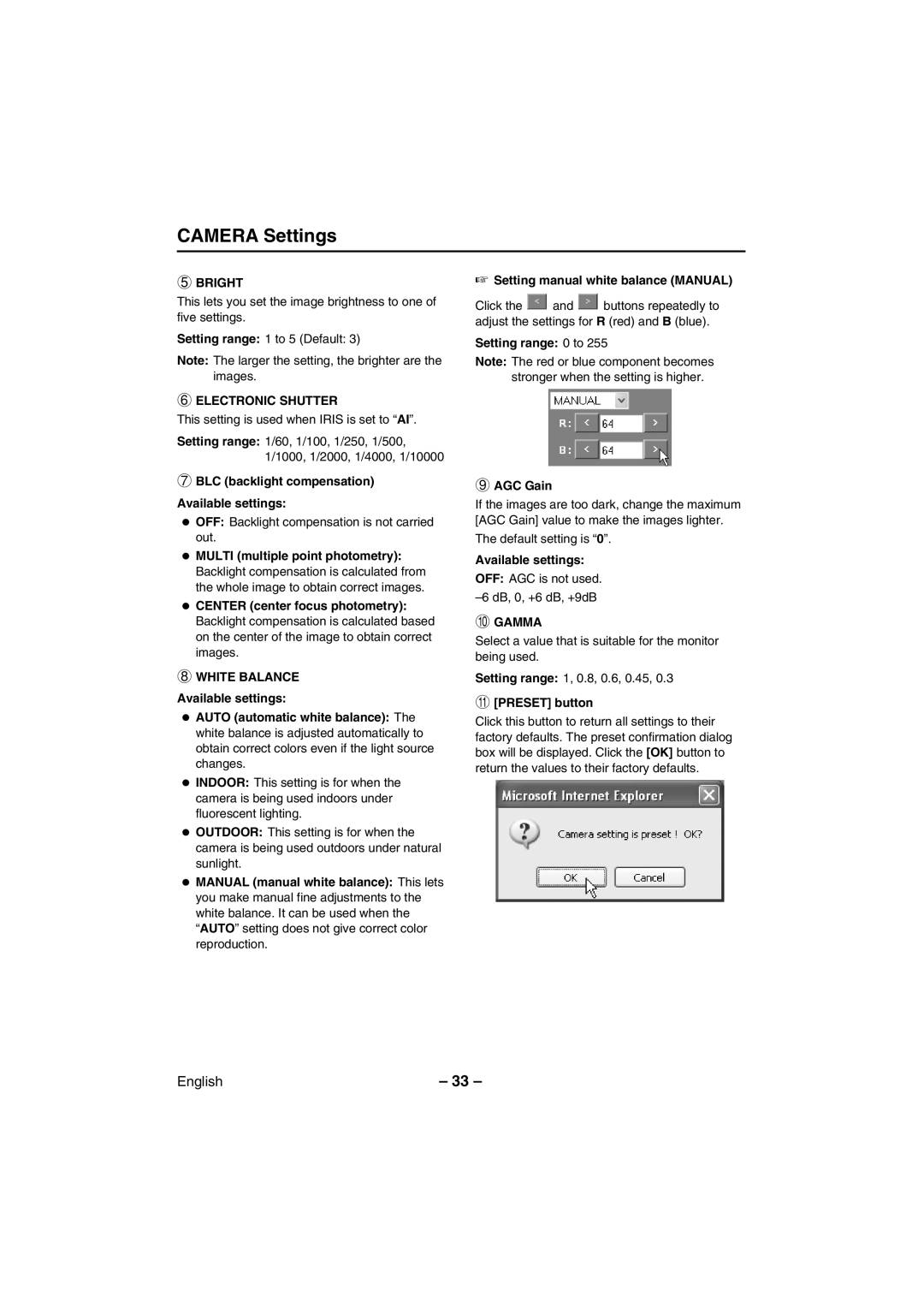 Sanyo VCC-WB2000 instruction manual Camera Settings, Bright, Electronic Shutter, White Balance, Gamma 