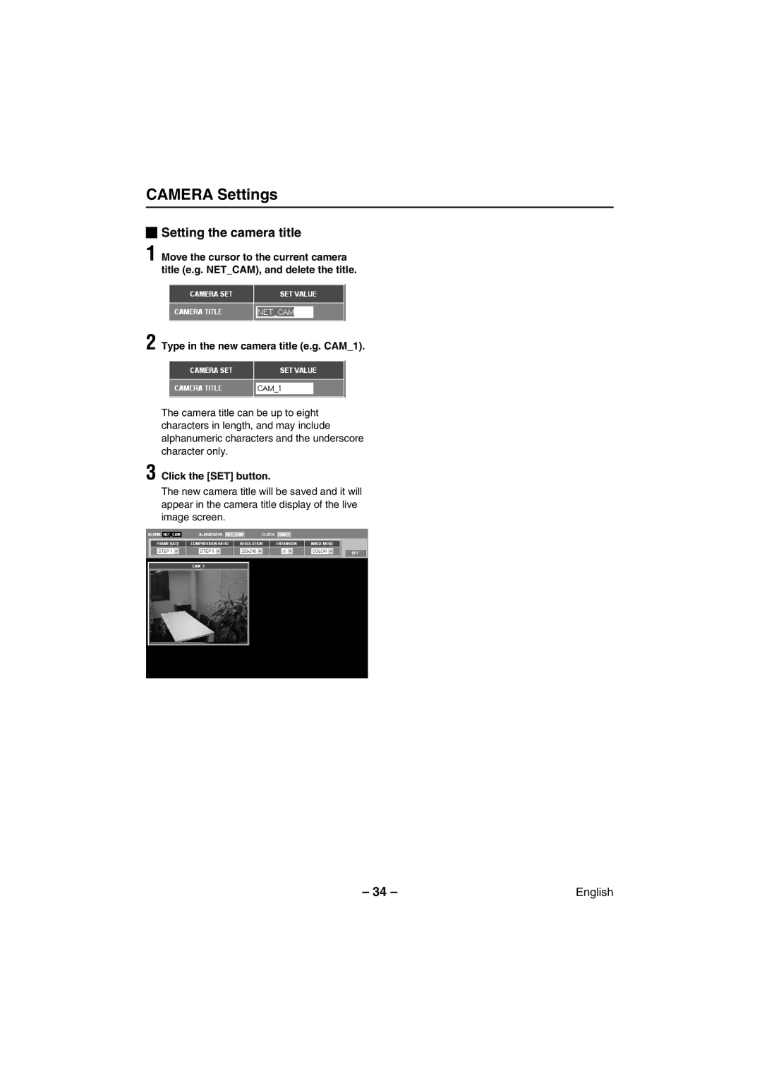 Sanyo VCC-WB2000 instruction manual Setting the camera title, Type in the new camera title e.g. CAM1, Click the SET button 