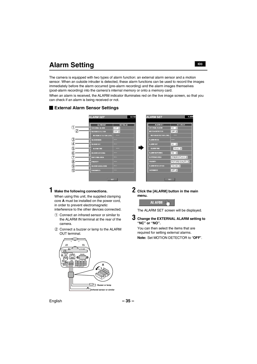 Sanyo VCC-WB2000 instruction manual Alarm Setting, External Alarm Sensor Settings, Make the following connections 