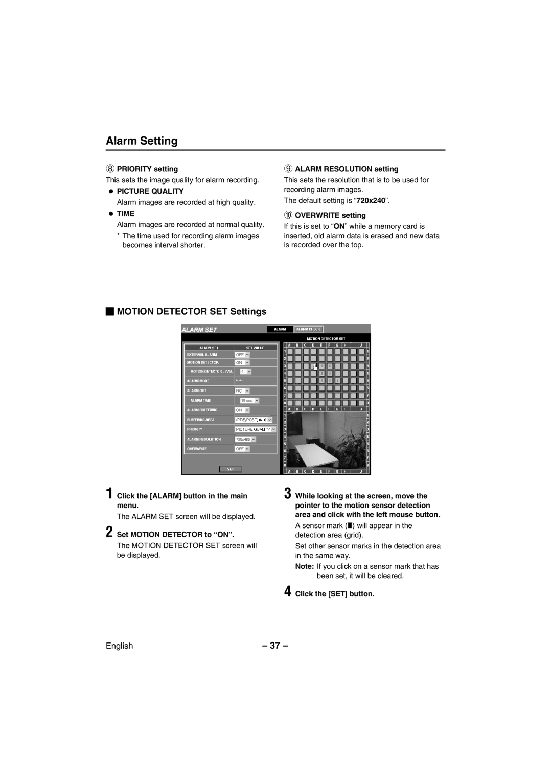 Sanyo VCC-WB2000 instruction manual Motion Detector SET Settings, Picture Quality, Time 