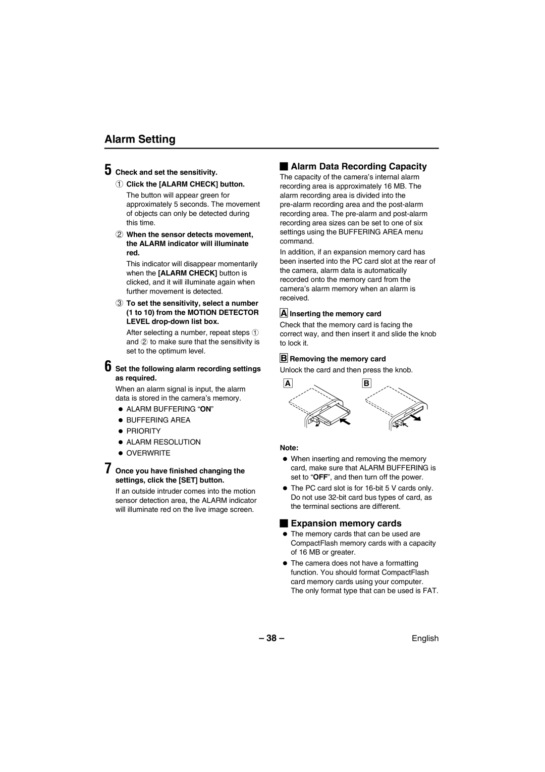 Sanyo VCC-WB2000 instruction manual Alarm Data Recording Capacity, Expansion memory cards, Inserting the memory card 