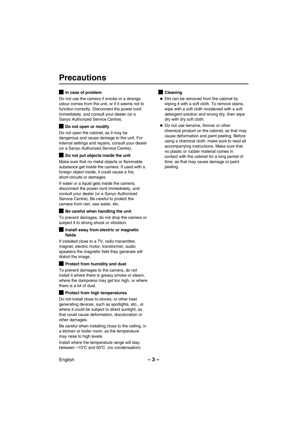 Sanyo VCC-WB2000 instruction manual Precautions 