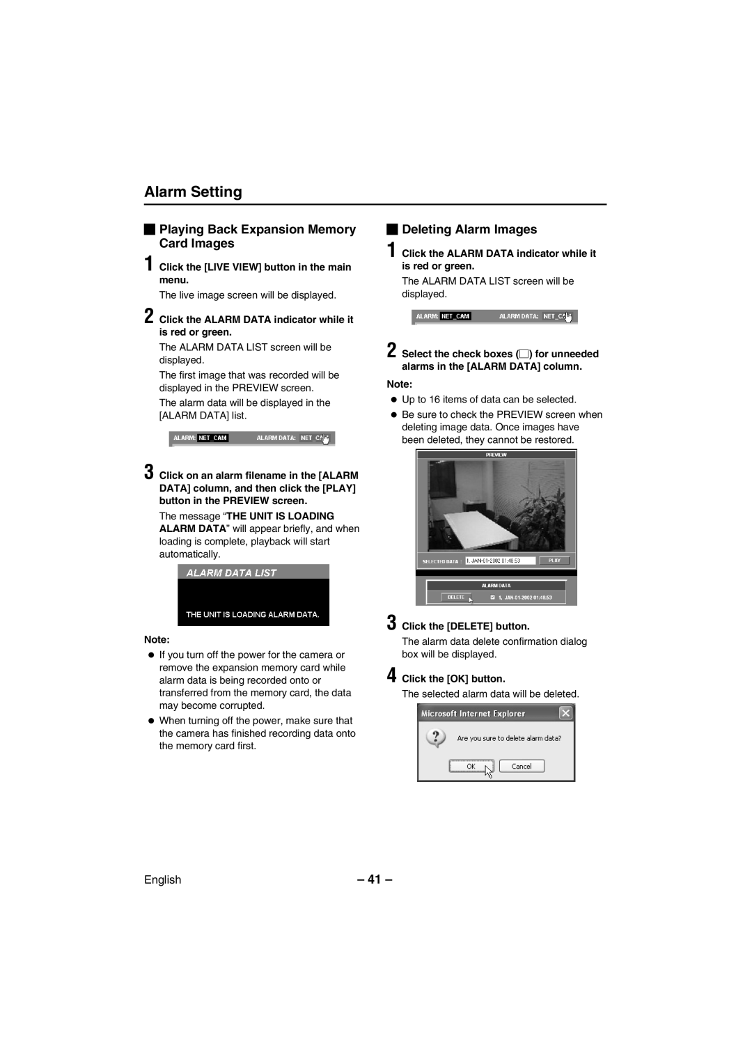 Sanyo VCC-WB2000 Playing Back Expansion Memory Card Images, Deleting Alarm Images, Click the Delete button 